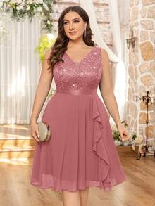Plus Deep V-Neck Sequin Lace Contrast Ruffle Hem Chiffon Formal Evening Party Swing Dress - Dusty Pink - View 6