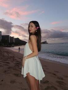 女士度假沙滩性感纯色露背吊带迷你连衣裙派对优雅白色夏季 - 白色 - 查看 2