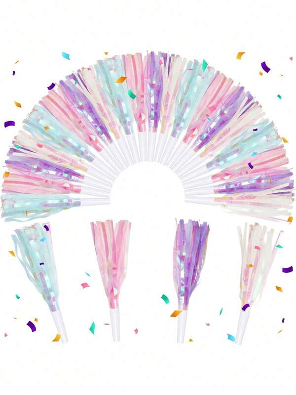 6pcs/24pcs Party Blowers, Noise Makers Glitter Metallic Fringed Party Horns For Birthday Blow Horns Graduation Sporting Party Favors Supplies