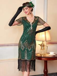 20世纪20年代的轻佻女郎连衣裙，《了不起的盖茨比》咆哮的20年代女性连衣裙，透明串珠袖子服装 - 綠色 - 查看 9
