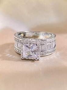 1枚925纯银闪亮立方氧化锆方形戒指，简约单枚戒指，精致首饰，生日/派对礼物（女士款） - 銀色 - 查看 6