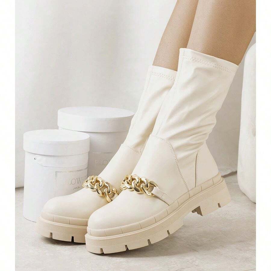 Women's Metal Chain Decor Fashion Daily Wear Ankle Boots - Beige - View 1