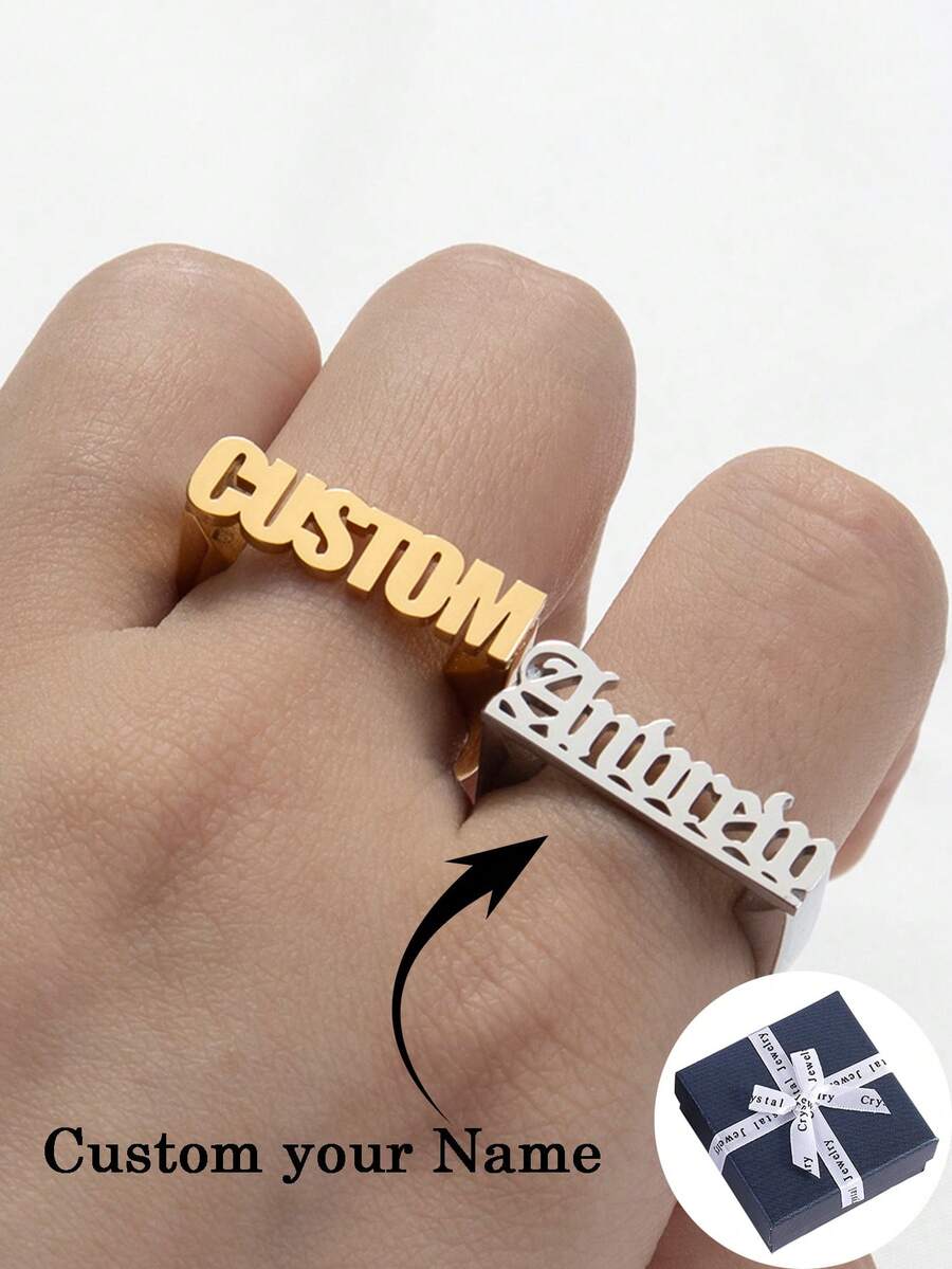 Customized Stainless Steel English Name Ring, Personalized Simple Name Ring, Couple Jewelry Accessories, Valentine's Day Gift, Gift For Couples, Give Friends, Moms, Dads Gifts. Customized Stainless Steel Name Ring With Gift Box, School Supplies, For Boys And Girls, For Teenagers, Junior High School Students, Middle School Students, High School Senior High School Students - Multicolor - View 1