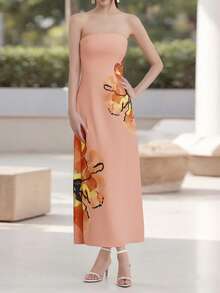 Vestido largo tubo de verano para mujer con estampado floral, sin mangas, sin tirantes, con drapeado y espalda descubierta, ajustado al Body - Rosado Sandía - Ver 2