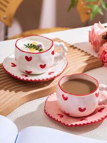 1/2 件蝴蝶结陶瓷杯，全新创意釉下彩绘设计，高品质可爱彩色女士杯子，适合咖啡、早餐、居家和办公室使用，情侣杯套装带碟子，适合返校