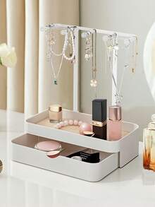 1 件双层珠宝收纳盒，带木质底座，抛光表面，矩形设计，适合桌面使用，多功能悬挂收纳，可存放项链、手镯、耳环、戒指、手表，含挂钩，适合居家珠宝收纳，夏季必备女士收纳收纳礼品旅行