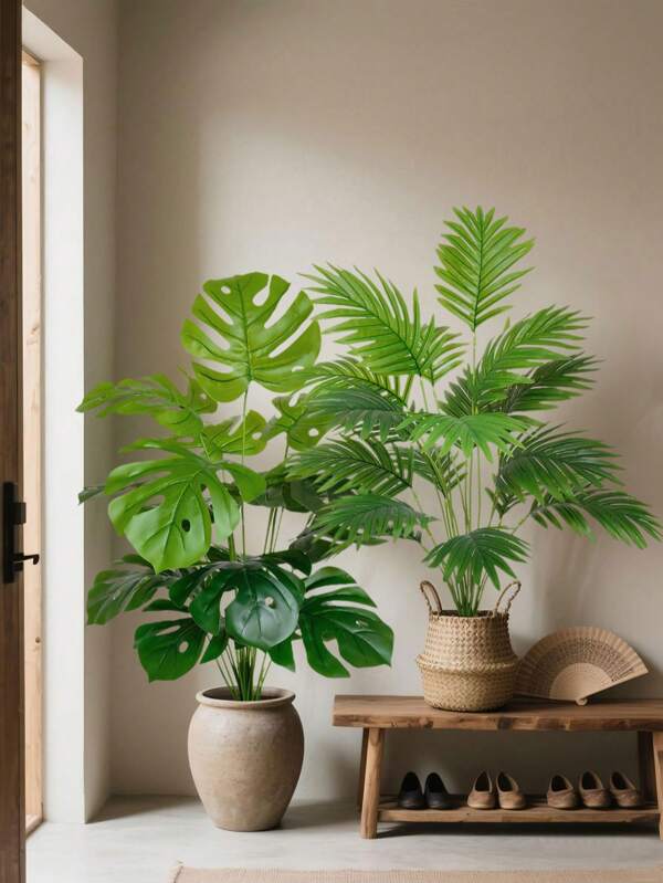 2pcs Artificial Turtle Shell Leaf + Fan Palm Leaf Green Plant Set, 18 Leaves, Decoration For Living Room & Balcony, No Maintenance Required (Pot Not Included)