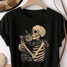 Unisex Basic Cotton Cat Skull T-Shirt - màu đen - Xem 2