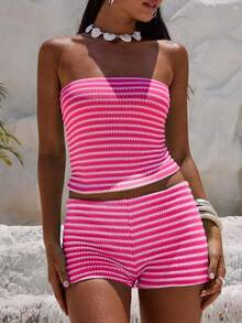 Women Stripe Cropped Fitted Fashionable Bandeau Top - Hot Pink - View 2
