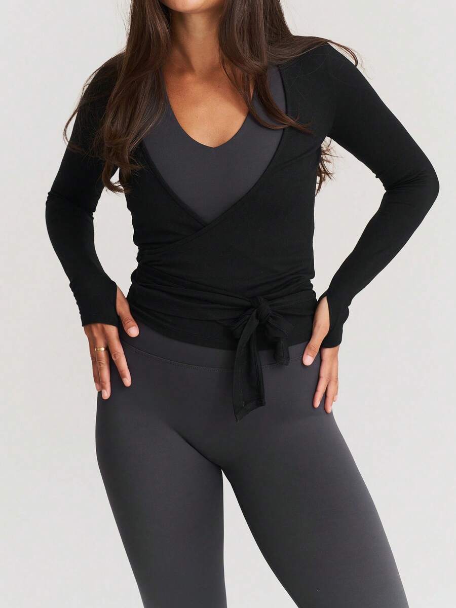 Women Y2K Pilates Wrap Top Long Sleeve Deep V Neck Tie Front Workout Ballet Pilates Yoga Shirt Casual Slim Fit Sports Active Tops - 黑色 - 查看 1
