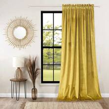 Cortina opaca de terciopelo sobre cinta, 140 x 270 cm, gruesa, adecuada para dormitorio o salón, decorativa, opaca. - Mostaza Amarilla - Ver 3