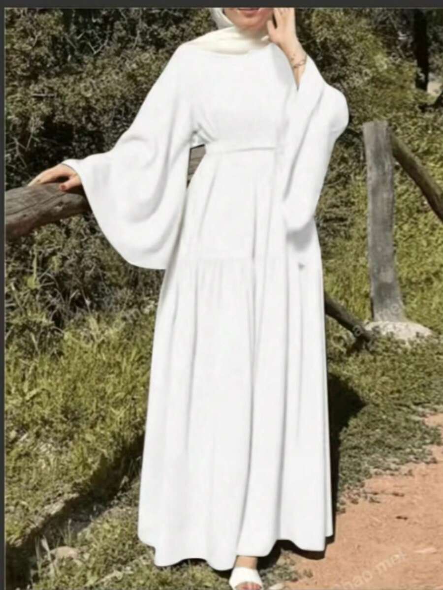 Women's Elegant Solid Color Flare Sleeve Dress, Spring/Summer - White - View 1