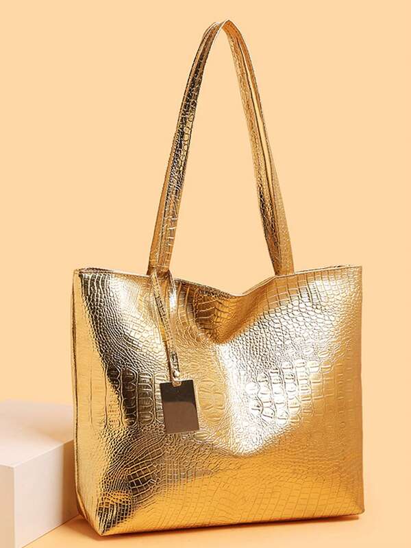 Glänzende Krokodil Muster Tote Tasche PU Schultertasche Mode Große Kapazität Tote Tasche Laser Tragetasche Metallic Farbe Handtasche für Frauen