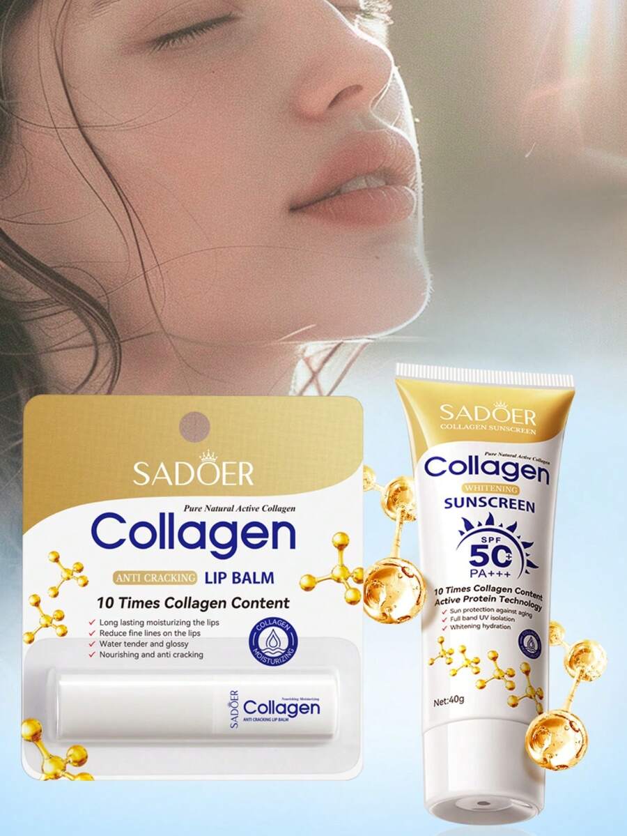 SADOER 2件組膠原蛋白防曬乳與護唇膏護膚套組,適合夏季戶外與旅行使用。美白不油膩防曬乳、膠原蛋白護唇膏,防龜裂、去角質、保濕滋養,減少唇紋 - 彩色 - 查看 1