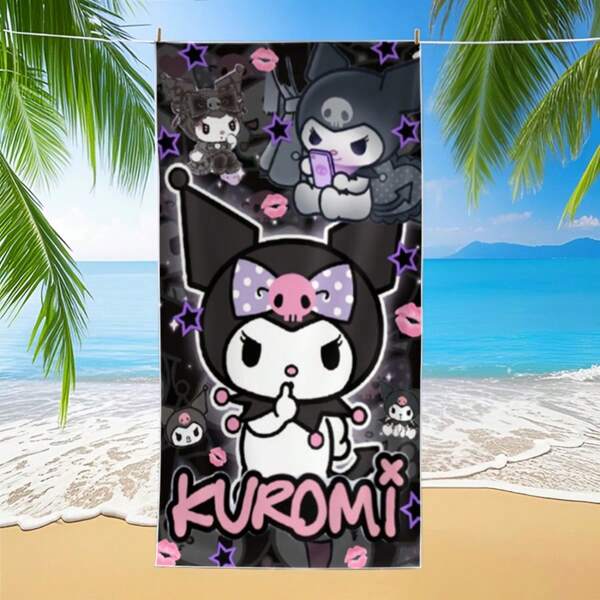 Sanrio 1pc Kuromi Ultra-Soft Microfiber Beach Towel - Quick Dry, Absorbent, Extra Large Size Bath Towel With Cute Cartoon Design, Black Background With Pink Accents, Perfect For Beach, Pool Or Spa Day Beach Essentials