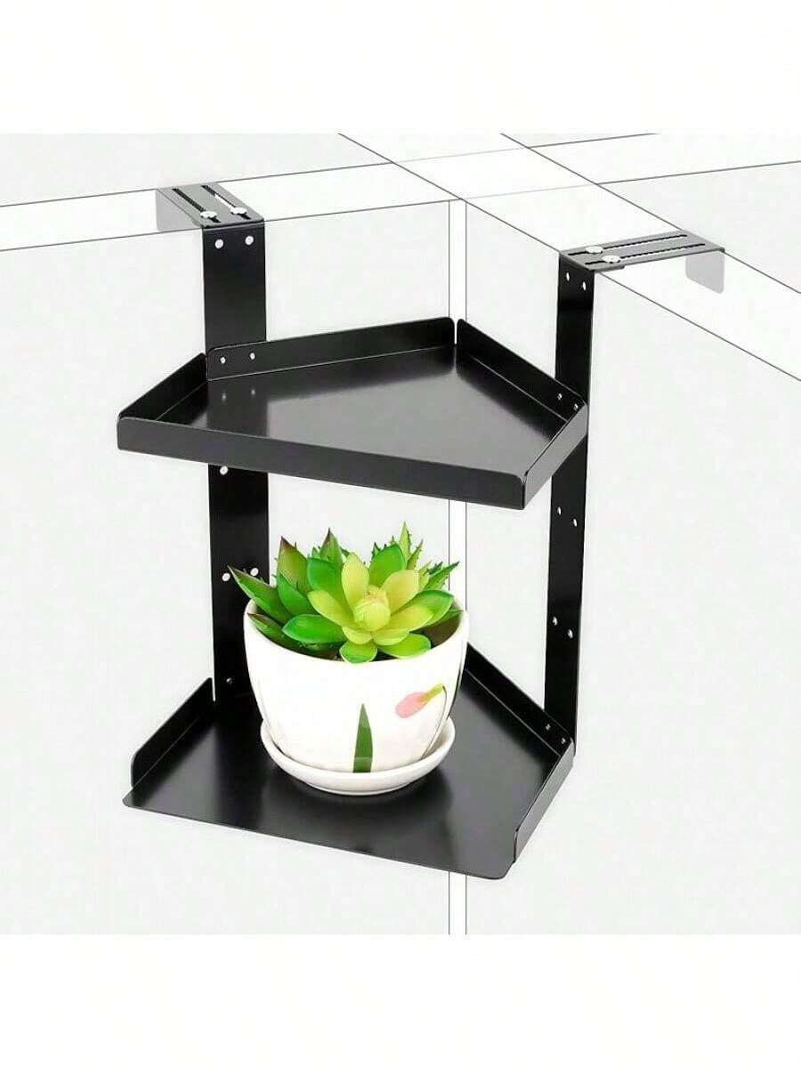 Office Cubicle Shelf Storage Organizer Accessories Height Adjustable Cubicle Corner Shelf With Hooks (Black, Double Layer) - Black - View 1