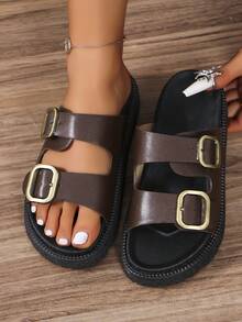 女士 PU 扣装饰凉鞋，棕色，厚底时尚女鞋，沙滩拖鞋 - 棕色 - 查看 7