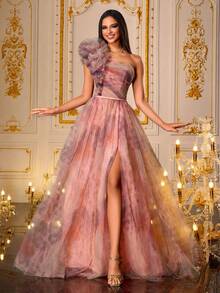 SHEIN X Hannahelzahed VIPGIRL SHEINXHannah sinnlicher einschwriger Farbverlauf Blumen Abendkleid für Frauen, Tüll Ballkleid mit Rüschendetails und hohem Schlitz, elegantes bedrucktes Abendkleid, Farbverlauf Mesh Formelles Kleid, Frauen Formelle & Abendkleider, Partykleid, Brautgast - Verschiedenfarbig - Übersicht 2