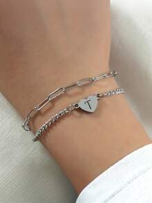 1 件朋克风格 26 字母不锈钢串珠女士/情侣手链，适合女性和情侣休闲日常佩戴 - 銀色 - 查看 17