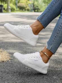 Large Size Women's White Wide Flat Sneakers Round Toe Fashionable Leather Stitching Lace-Up Wide Feet Comfortable All-Match Casual Shoes Vacation Travel