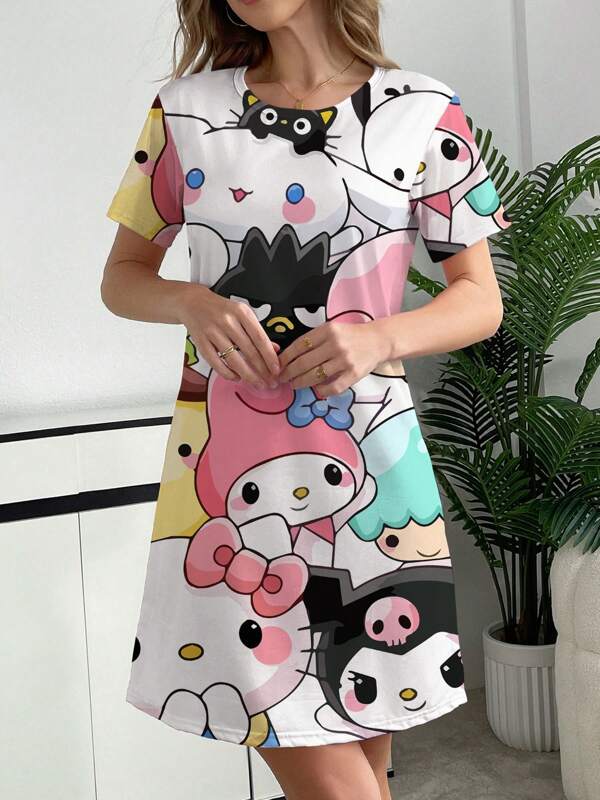 Sanrio Sanrio Authorized Cartoon Character Short Sleeve Sleep Dress, Women Casual Homewear, Hello Kitty Printed Design, Suitable For Spring & Summer