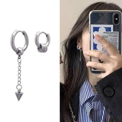 2 件装尖头吊坠耳圈男士耳环不锈钢耳洞防过敏不褪色不对称时尚饰品