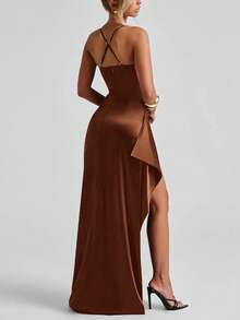 Elegant Sexy Satin Strapless Off Shoulder Frill Trim Waist Party Dress, Bridesmaid Dress, Formal Gown - Brown - View 2