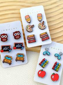 3 Pairs Cute Stationery/School-Themed Wooden Stud Earrings, Great Gift For Back To School, Graduation, Or Teacher's Day