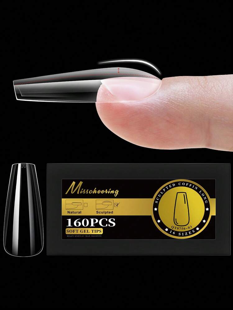 160pcs L-2XL Glossy False Nail Tips Deep C-Curve Sculpted Thick Soft Gel Acrylic Nails Almond&Coffin&Stiletto&Square&Round Full Cover Press On Nails Artificial DIY Extension Supplies For Women Girls - Clear - View 4