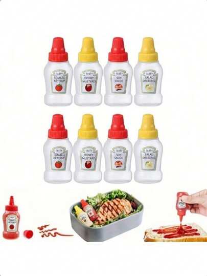 4 piezas Mini botellas de salsa, Mini botellas de ketchup, Botellas para exprimidor de condimentos, Envase portátil de plástico, Adecuado para caja de almuerzo de oficina, picnic, aceite, salsa de soja, miel, aderezo para ensaladas, botella de especias, utensilios de cocina, artículos de cocina