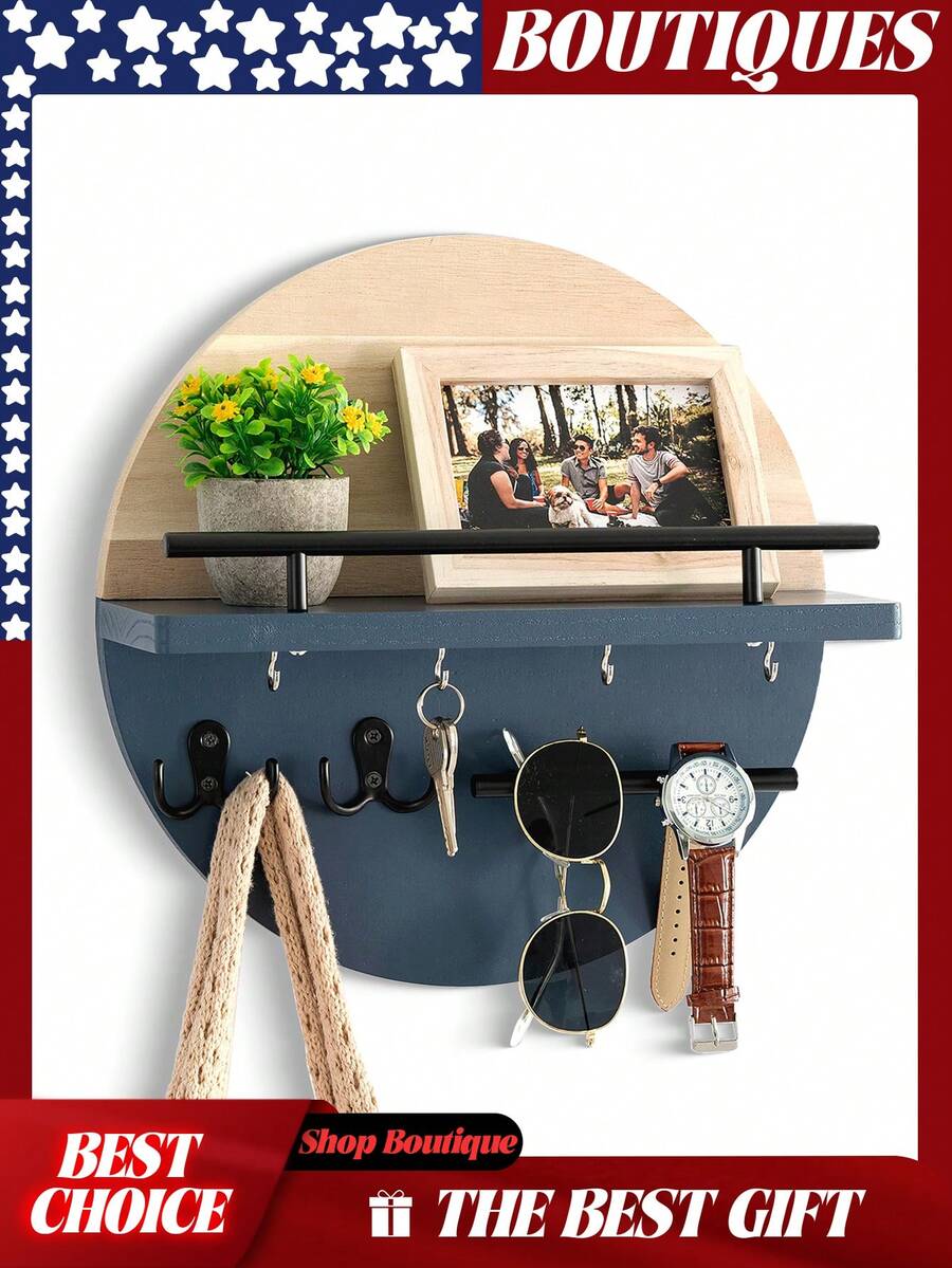 Key Holder For Wall Decorative With Shelf And Hooks, Mail Organizer Wall Mount With Sunglasses Holder, Circular Design Entryway Key Rack Hanger, Rustic Home Decor Boho Wall Decor, Key Rack, Key Holder Wall Mount, Key Holder For Wall, Key Organizer, Key Hooks For Wall, Mail Organizer Wall Mounted, Keys Holder On Wall, Key Hook, Wall Key Holder, Mail Holder, Key Hanger, Mail Holder For Wall, Car Key Holder,Shelf With Hooks, Key Hooks, Dog Leash Holder For Wall, Key Hanger Wall Mount, Key And Mail Holder For Wall - Light brown&Navy blue-A - 查看 1