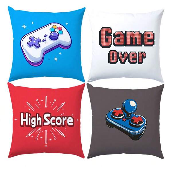 4 Stücke Kissenbezug-Set mit Videospielkontroller-Motiv, weiches Plüschgewebe, 45*45 cm beidseitiger Muster, geeignet für Zuhause, Schlafzimmer, Wohnzimmer, Sofa