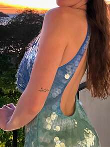 Women Halter Neck Dress Casual Contrast Colors Sequins Cowl Neck Backless Mini Party Dress For Beach Club Streetwear - 藍色 - 查看 4