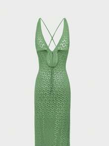 女士休闲度假风纯色修身开衩下摆镂空透视V领无袖长裙，女士沙滩裙，女士露背吊带长裙 - 綠色 - 查看 2