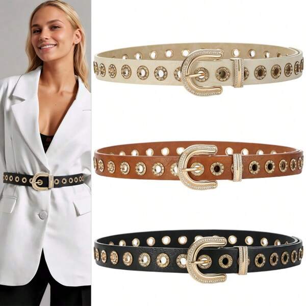 1 Pc Women's Riveted Faux Leather Belt, Versatile Thin Waist Belt Decor For Dresses, Jeans And Suits, A Perfect Everyday Accessory With Metal Decoration