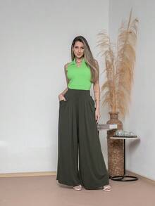 Wide-Leg Loose-Fitting Palazzo Pants In Viscose Fabric, Wide Waistband, High Waist, Pleats - Hunter Green - View 7
