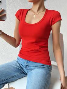 Paquete set 2 playeras dama mujer basica manga corta cuello redondo algodon 100% ajustada comoda ligera fresca - Rojo y blanco - Ver 7