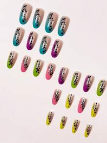 Instantly Upgrade Your Look With 24pcs, Long Press On Nails, Creative, Fashionable, Colorful French, Press On Nails, Black Spots, Silver Glitter Decoration, Y2K Personalized Hot Girl Nail Art, Ellipse Long Press On Nails, Nail Set, Suitable For Girls And Ladies For Daily, Holiday, And Party Nail Decoration+1 Piece Of Jelly Glue+1 Rubbing Strip