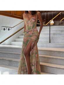 2025 Summer New Sexy Suspender Print Resort Beach High Waist Slim Split Dress Women - 綠色 - 查看 4