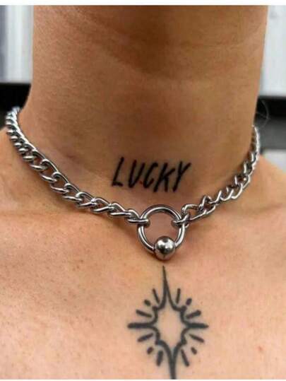 Beaded Openable Circle Choker Necklace, Stainless Steel Sexy Minimalist Clavicle Chain Necklace