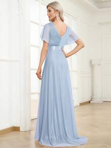 EVERPRETTY Elegant Shiny V-Neck Ruffle Sleeve Light Blue Bridesmaid Dress, Suitable For Wedding Guests, Formal Dinners And Other Semi-Formal Occasions Spring - Baby Blue - View 3
