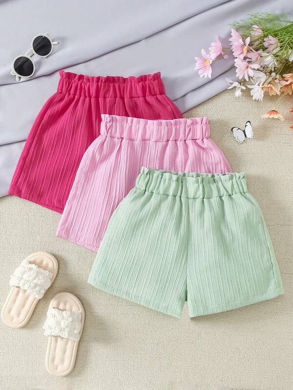 3pcs/Set Girls' Summer Outfit: Macaroon Color Shorts, Pink, Fuchsia, Green, Girls' T-Shirt + Shorts Set, Outdoor Summer 3pcs Fashion Shorts, Children's Spring/Summer Clothing, Elastic, Regular Fit, Polyester Blend, Outdoor Gift Clothing