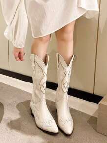Women's Western Style Mid-Calf Boots With V-Cut, White Embroidery & Printed Decoration, Pointed Toe, Low & Chunky Heels, Tall Riding Boots,