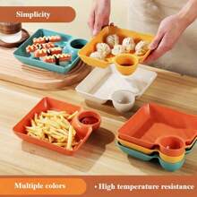 4pcs/Set Chip And Dip Serving Set, Plastic Colorful Dumpling Plate Serving Dishes, Reusable Serving Platter Dip Tray With Sauce Compartment For Sushi Taco Salsa Snack Appetizer Party