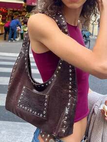 1 件新款时尚咖啡棕色 PU 休闲流浪包，百搭单肩包，复古朋克铆钉装饰新月形手提包，女士 - 咖啡棕 - 查看 2