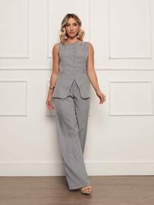 Laris Women's Tailored Work Set: Button-Down Blouse And Dress Pants - Màu Xám nhạt - Xem 2