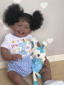 60 CM Black Skin Cloth Body Handmade Smiling Baby Simulation Doll With Exquisite Workmanship, 24 Inch Reborn Doll With Implanted Hair Cute Birthday Gift For Child (Some Parts Random, Including Pacifier, Bottle, Diaper, Hair Accessories And Clothes Set) - Blue - View 4