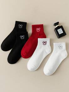5 Pairs Women's Bow Solid Color Socks, Korean Style Mid-Calf Socks, Versatile For Summer And Autumn/Winter, Couple Socks - Multicolor - View 2
