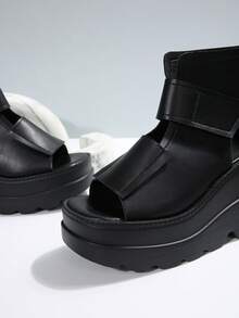 Summer New Breathable Women Black Thick Sole Lace-Up Ankle Boots With Back Zipper, Fashion Versatile Comfortable Soft Bottom Platform High Heel Sandals Suitable For Casual, Holiday, Party, Beach Wear, Plus Size - Black - View 2