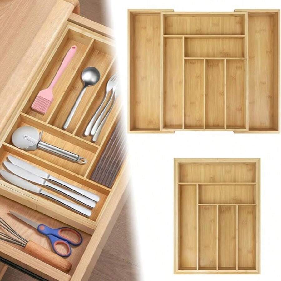 Royalswill Cutlery Organiser Box, Extendable Kitchen Utensil Storage Tray, Crafted From Natural Bamboo Weave, Multi-Compartment Storage Tray, Neat And Attractive, Suitable For Organising Various Cutlery Items, Ideal For Drawer Storage - Cutlery Drawer - View 1